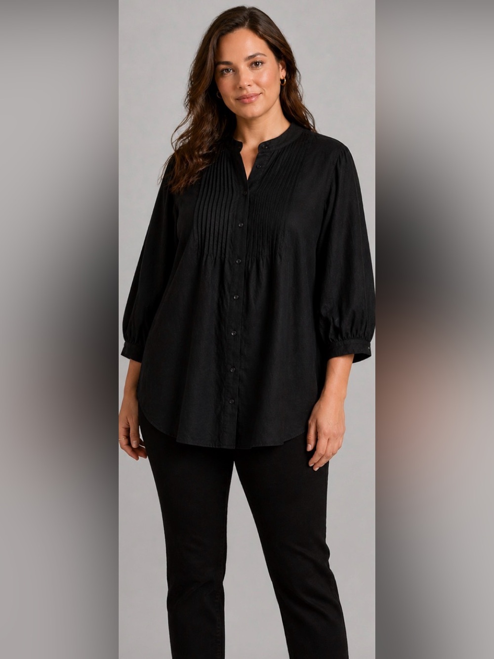 Ralph Lauren Black 100% Linen Button-Down Pintuck Tunic